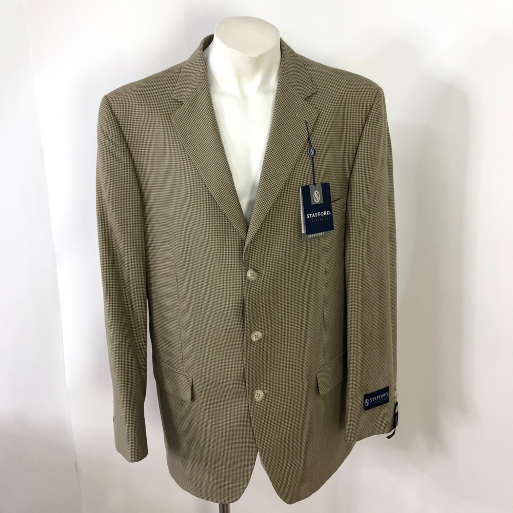 Stafford Essentials NEW 44 Long Blazer Sport Coat Jacket Houndstooth Brown Beige